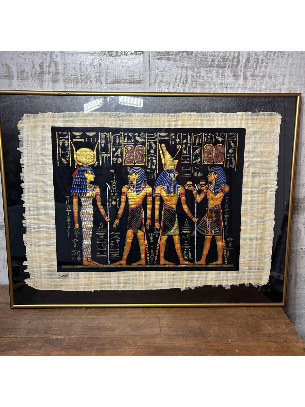 Eygpt Papyrus Painting Framed In Gold Frame with Authenticity Paper